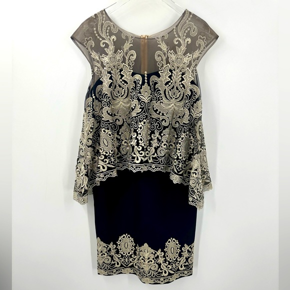 Marchesa 100% Silk Lace Pattern Shift Dress Black Gold Womens 2 Short Cap Sleeve - Picture 4 of 12